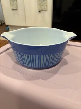 Vintage Pyrex Blue Barcode Ceramic Mixing Bowl with Light Blue Stripe Accent